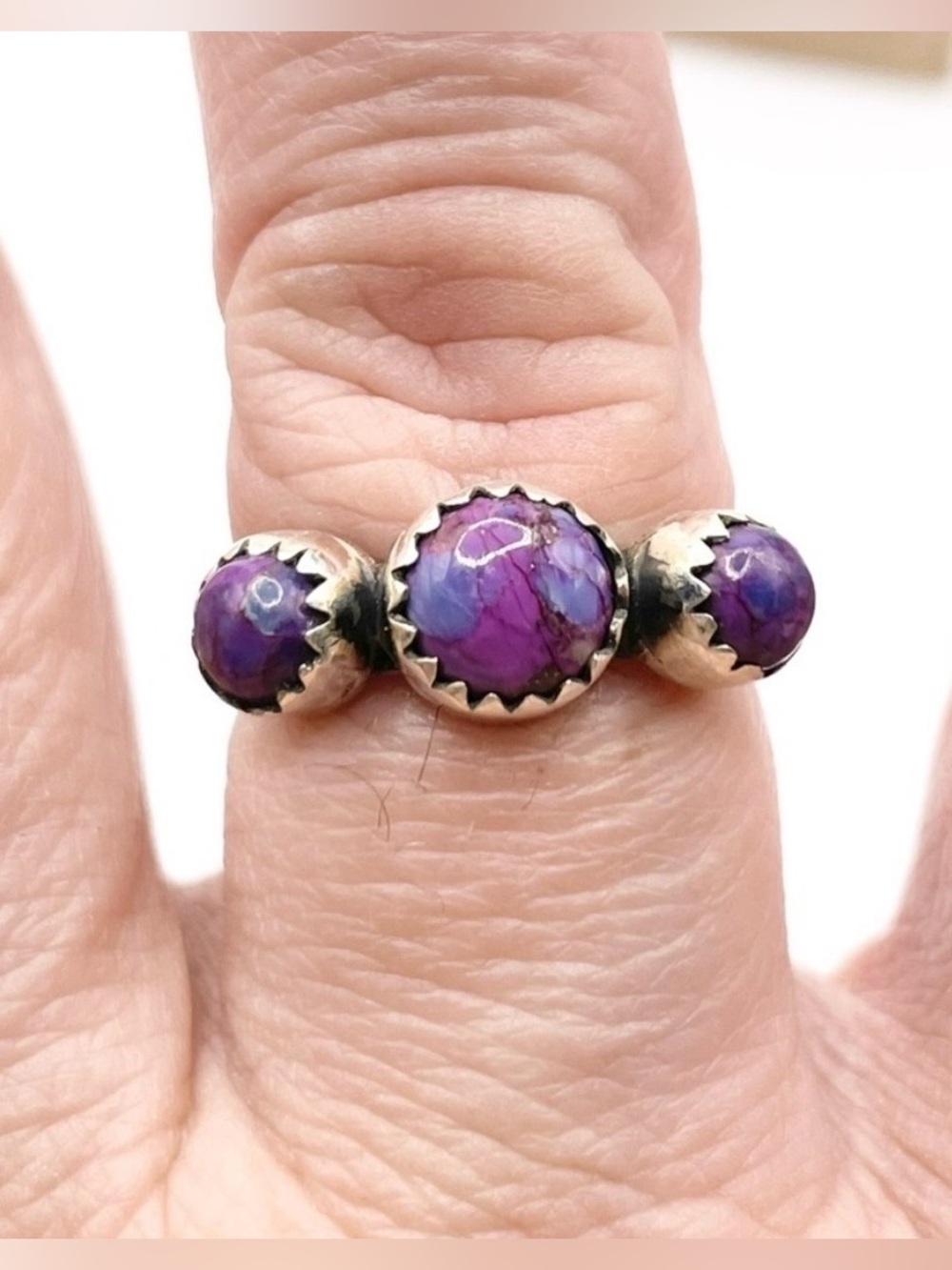 Size 7.5 Purple Dahlia Turquoise Three stone 925 Sterling Silver Ring